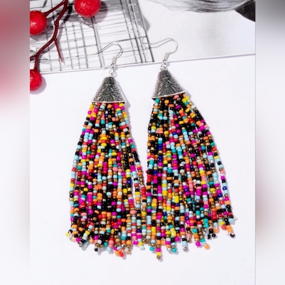 Boho Multicolor Glass Beaded Tassel Drop Earrings